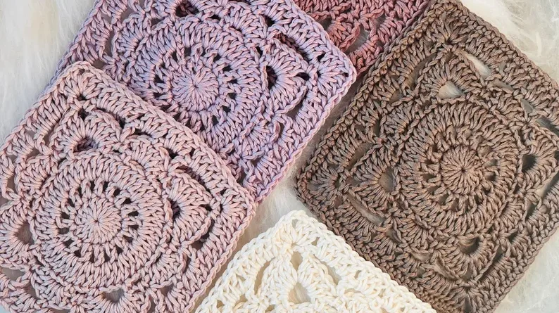 Crochet willow granny square pattern step by step motif in neutral tones for blanket and cardigan projects