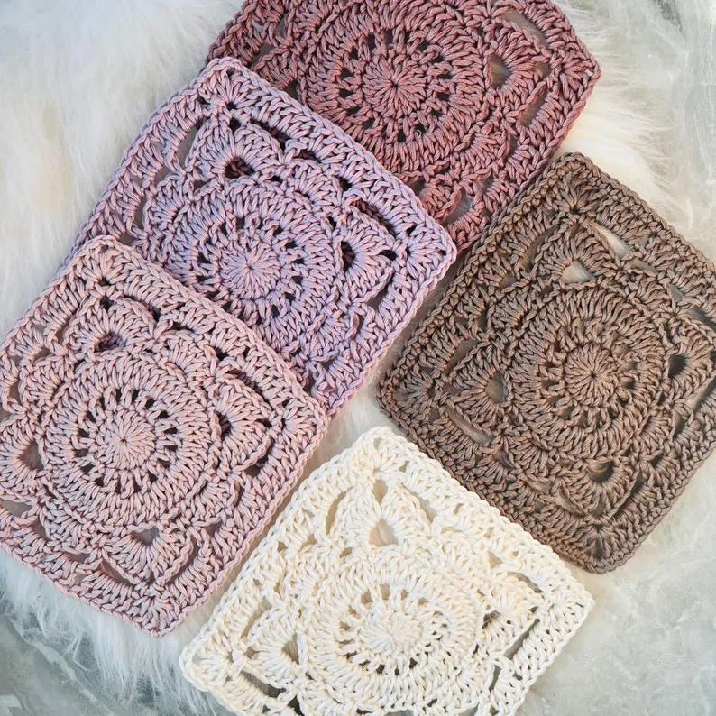 Crochet willow granny square pattern step by step motif in neutral tones for blanket and cardigan projects