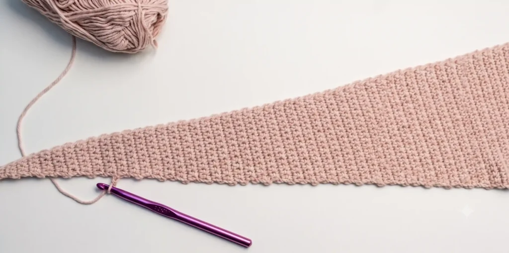 Sophie hood crochet pattern step 2 — panel growing wider with one-sided increases every 4 rows