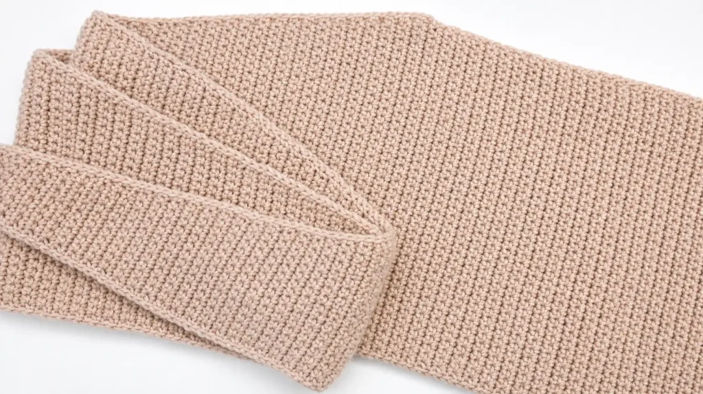 Sophie hood crochet pattern finished flat piece showing the asymmetric shaped panel with crown curve before seaming