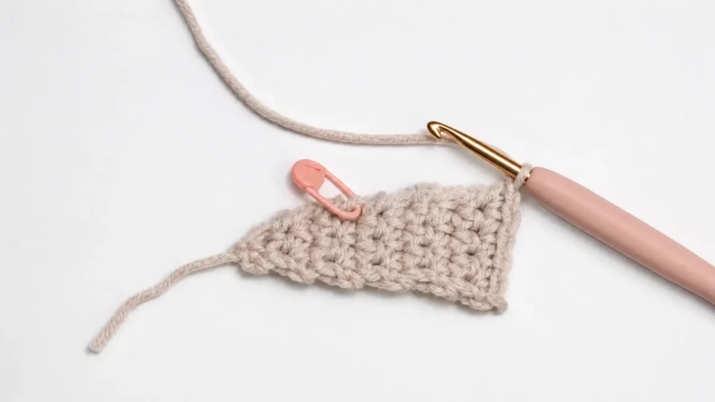 Sophie hood crochet pattern step 1 — beginning the asymmetric increases with stitch marker on the increase edge
