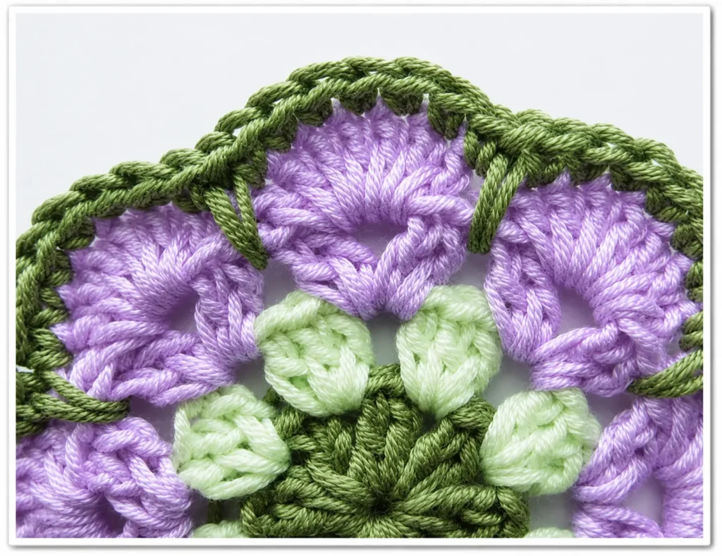 African flower granny square round 5 showing corner treble clusters