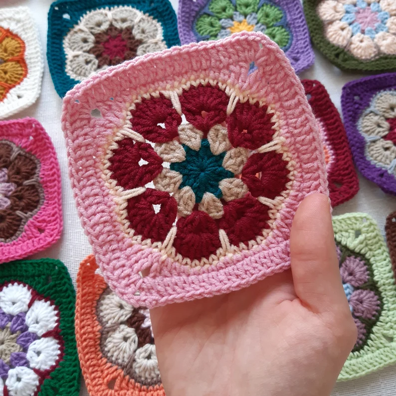 Colorful african flower granny square crochet motif
