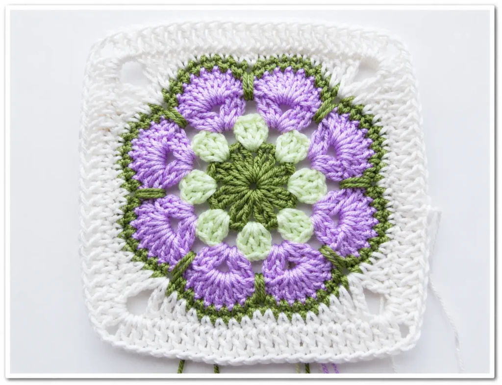 African flower granny square finished showing complete floral motif in pink blue teal and cream