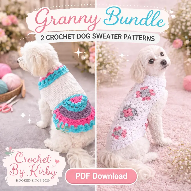crochet dog pattern inspired by granny square dog sweater in cozy colors