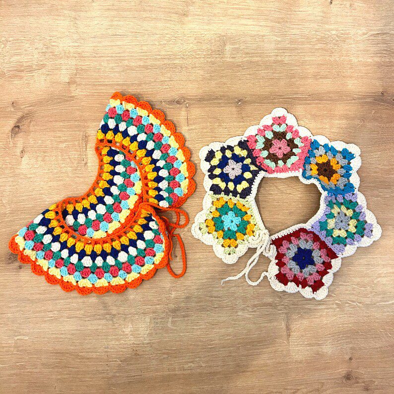crochet dog pattern featuring granny stripe dog collar with vintage crochet charm
