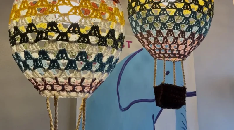 colorful hot air ballon crochet hanging decor