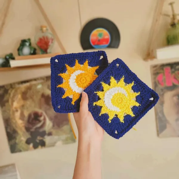 Boho sun and moon crochet granny square for a blanket design