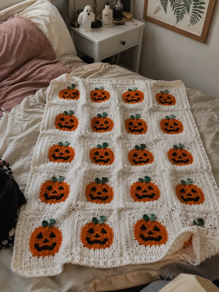 Crochet jack-o-lantern halloween granny square pattern