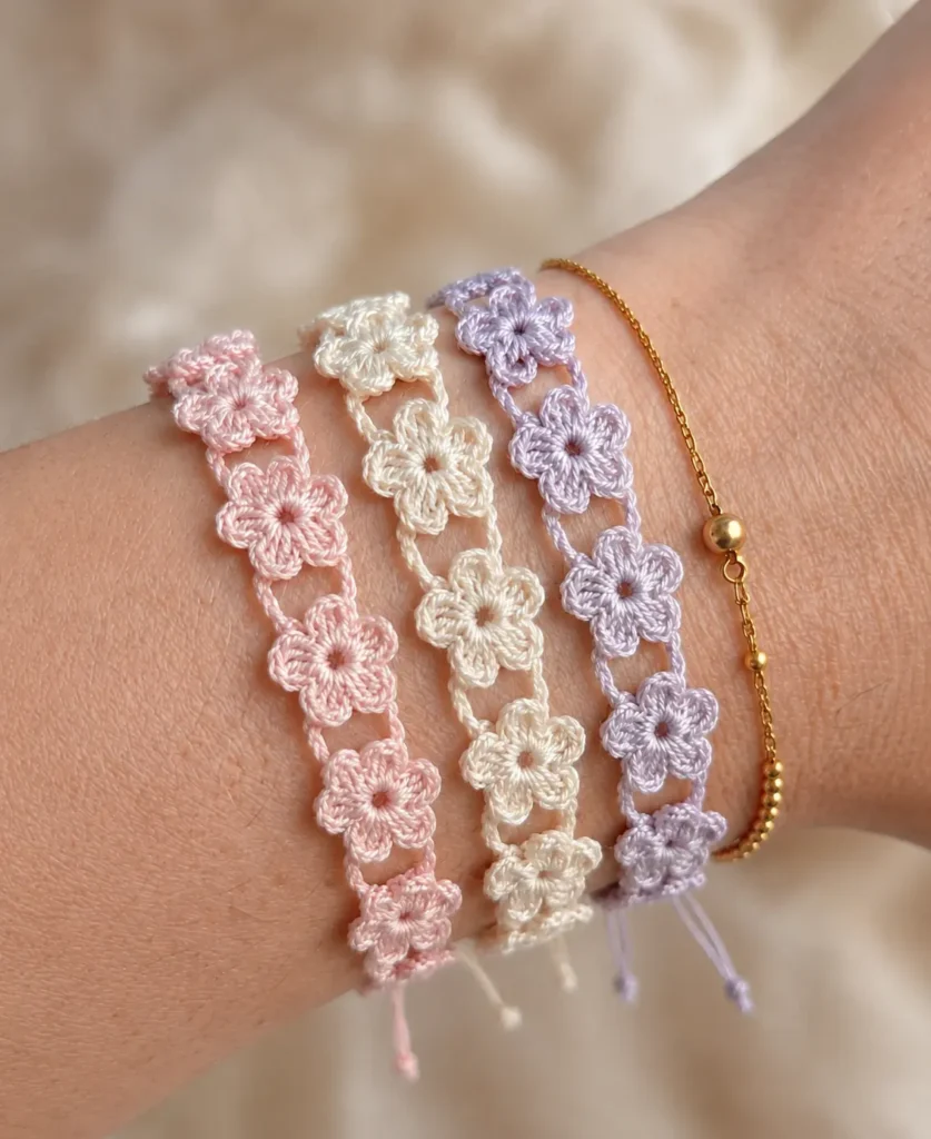 Colorful crochet flower bracelet handmade with cotton yarn
