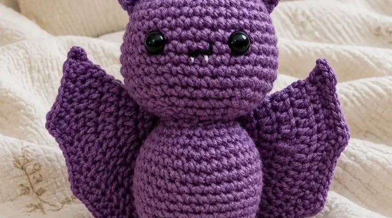 Crochet bat pattern free — finished purple amigurumi bat with wings