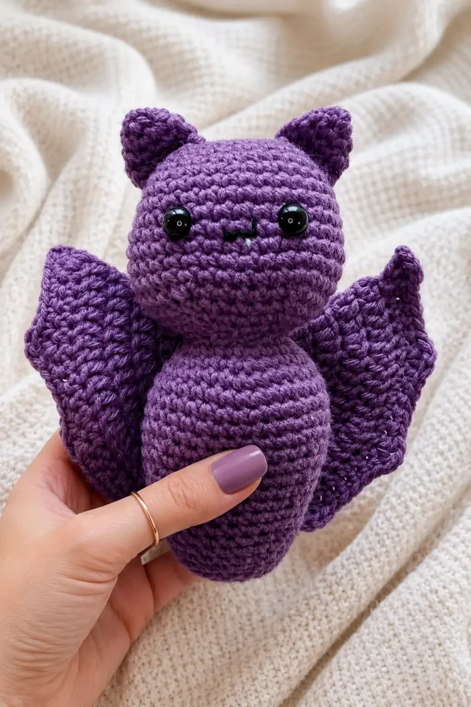 Crochet bat pattern free held in hand showing size and detail