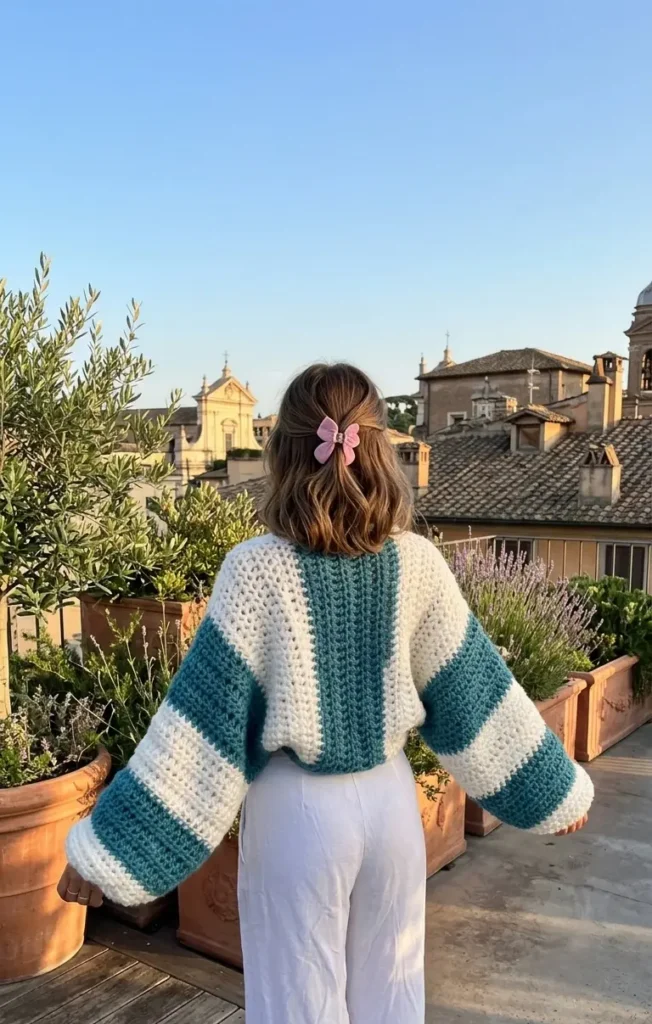 Woman wearing a chunky crochet bolero pattern another colors