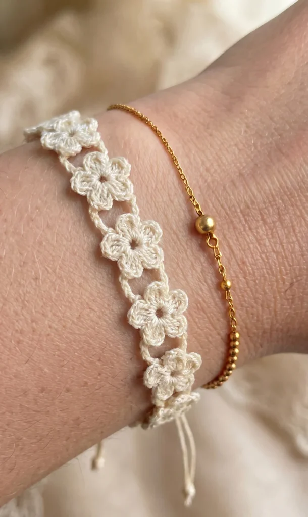 Delicate crochet bracelet flower design with floral motifs