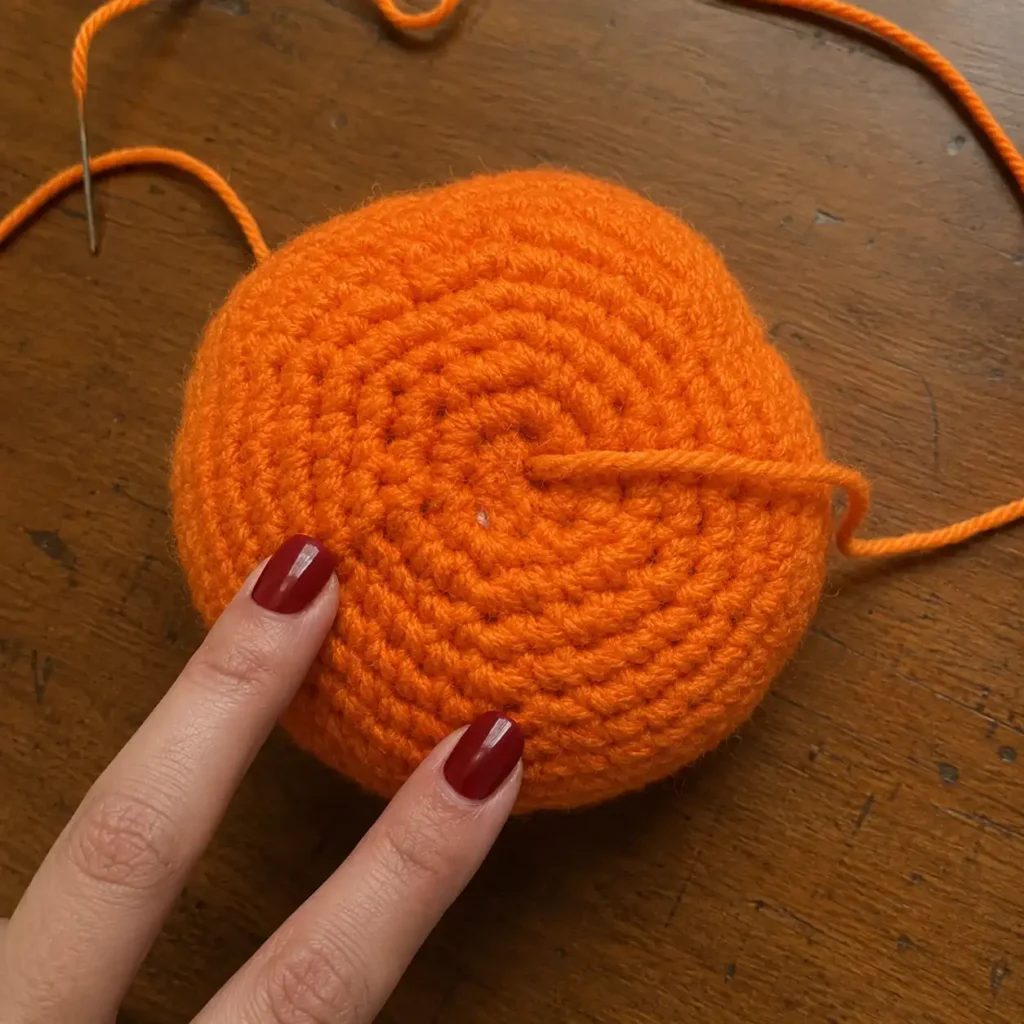 Crochet pumpkin pattern free cinching step — fingers pointing to vertical increase lines on stuffed pumpkin body