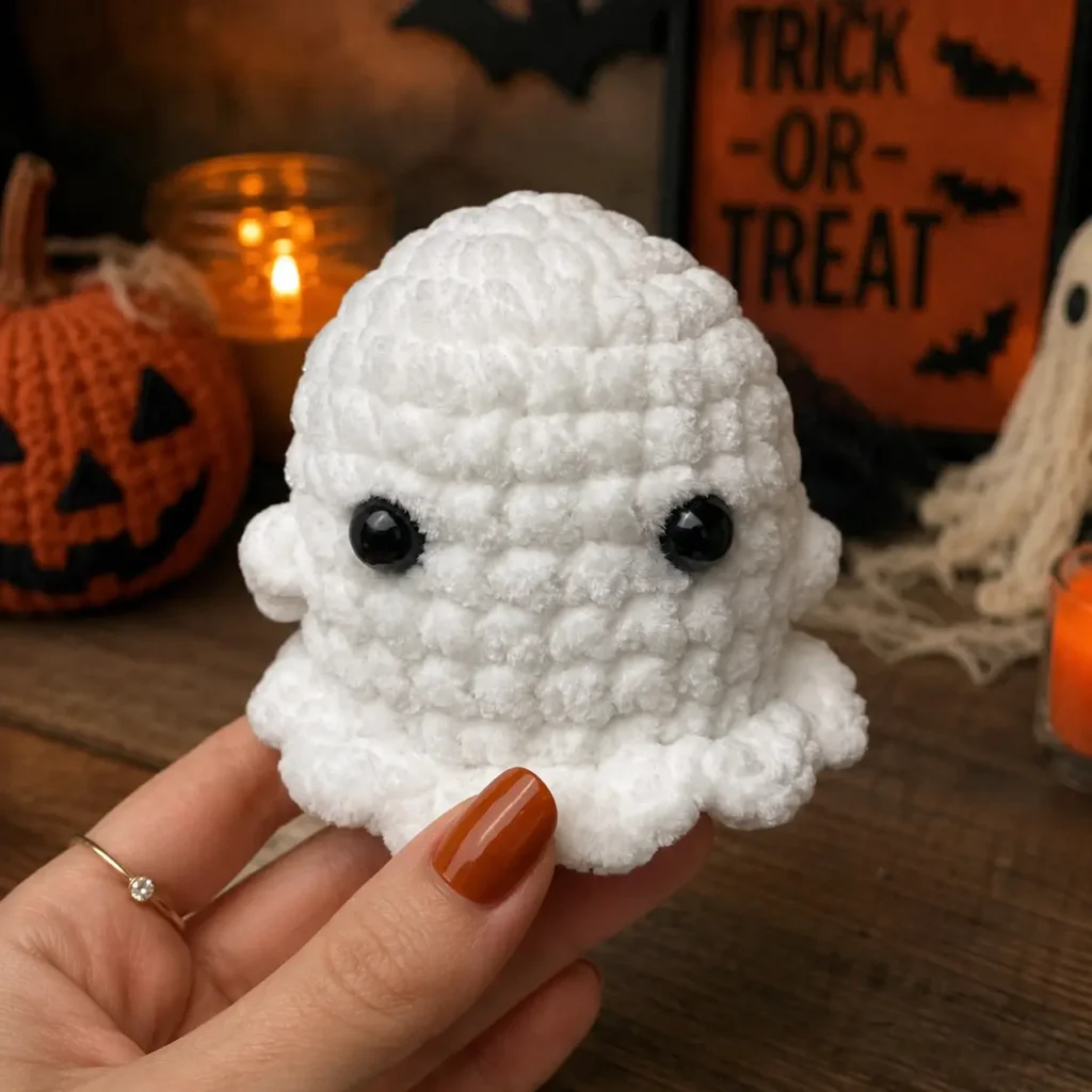 Crochet ghost pattern free— easy beginner amigurumi ghost held in hand with Halloween decorations