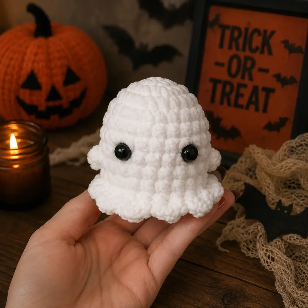 Free crochet ghost pattern — easy beginner amigurumi ghost held in hand with Halloween decorations finished
