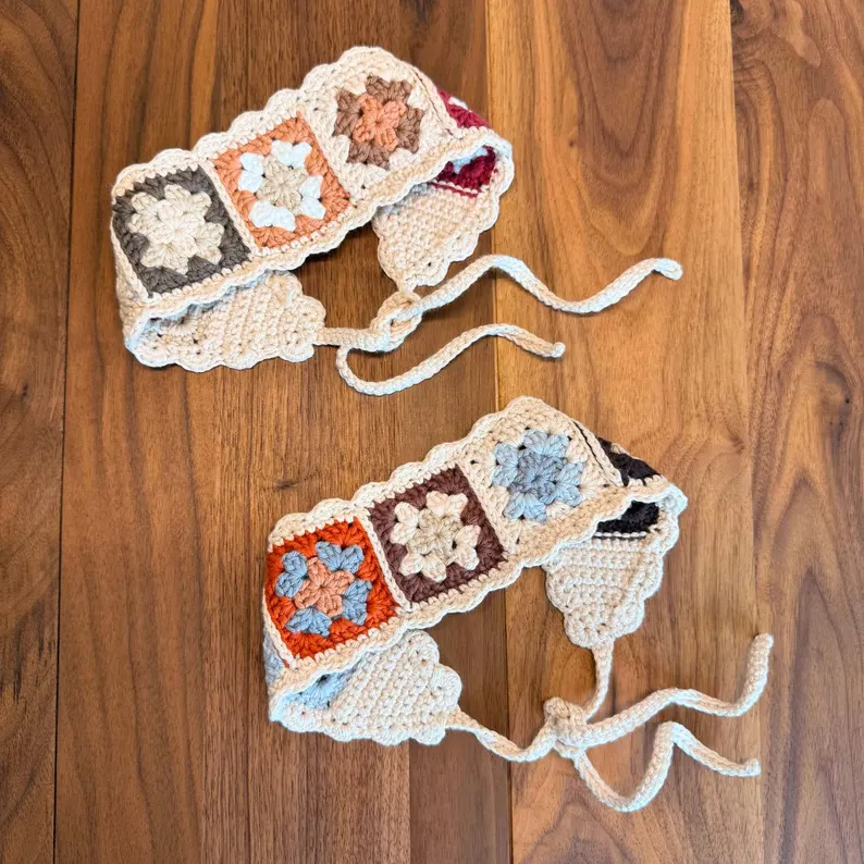 A rustic granny square headband.