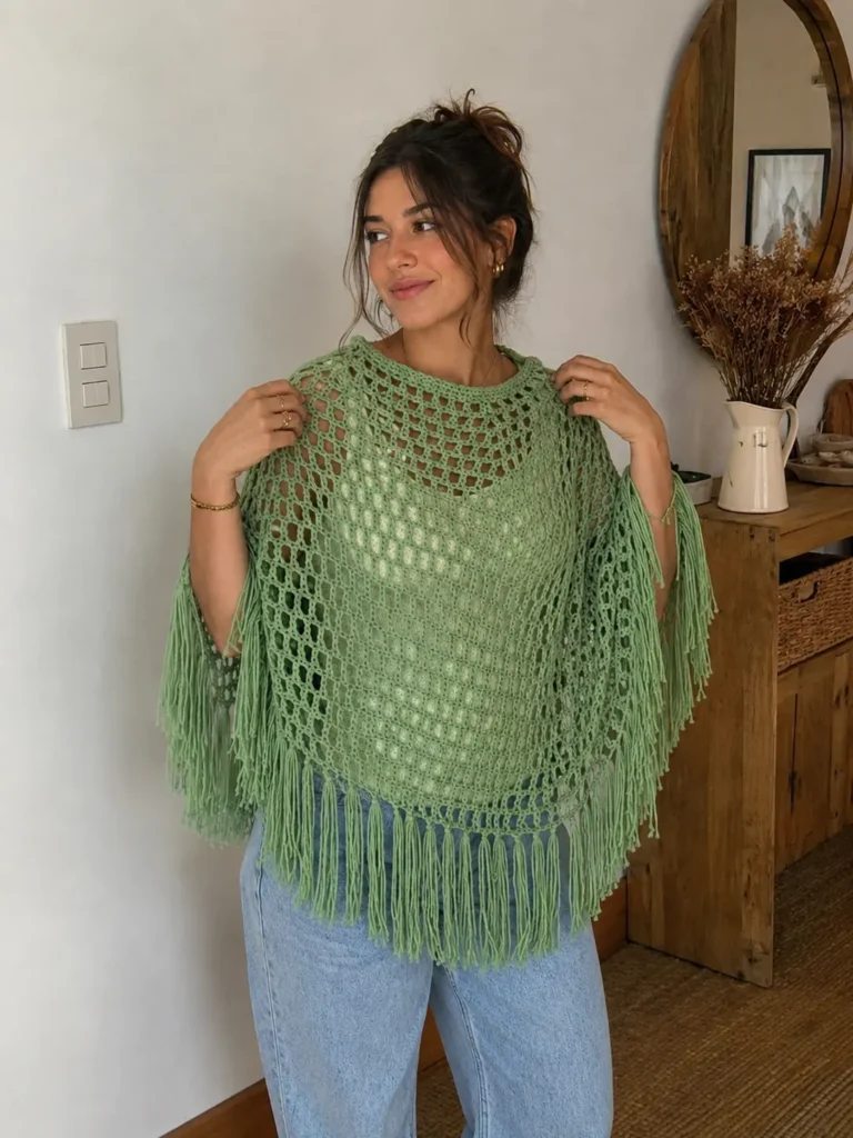mesh crochet poncho 2 Woman wearing a lightweight mesh crochet poncho in neutral colors outdoors.
