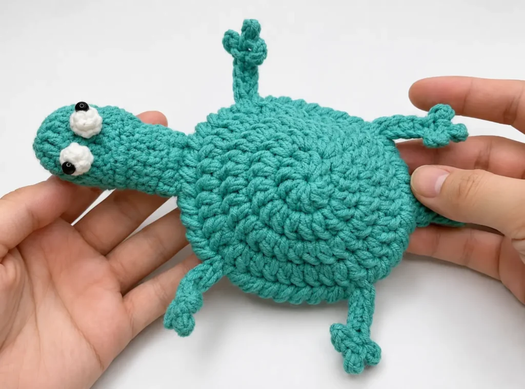 Lizard Crochet Coaster — finished green amigurumi coaster