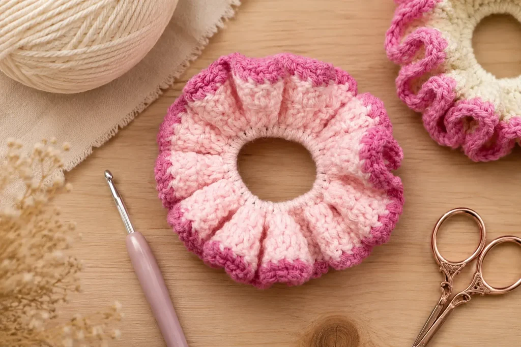Crochet scrunchie pattern free — finished ruffled scrunchie in two-tone yarn with hair tie base