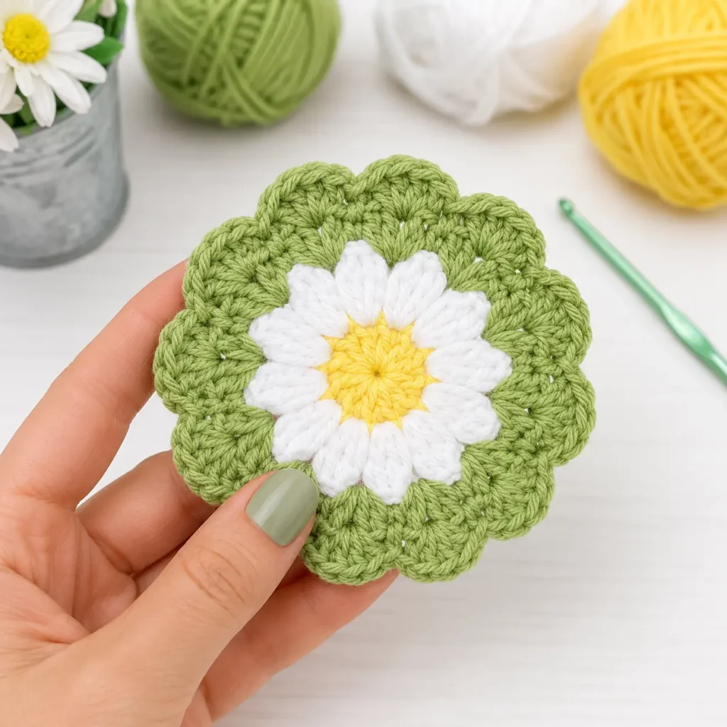 Finished daisy crochet coaster pattern free with yellow center, white petals, and scalloped green border