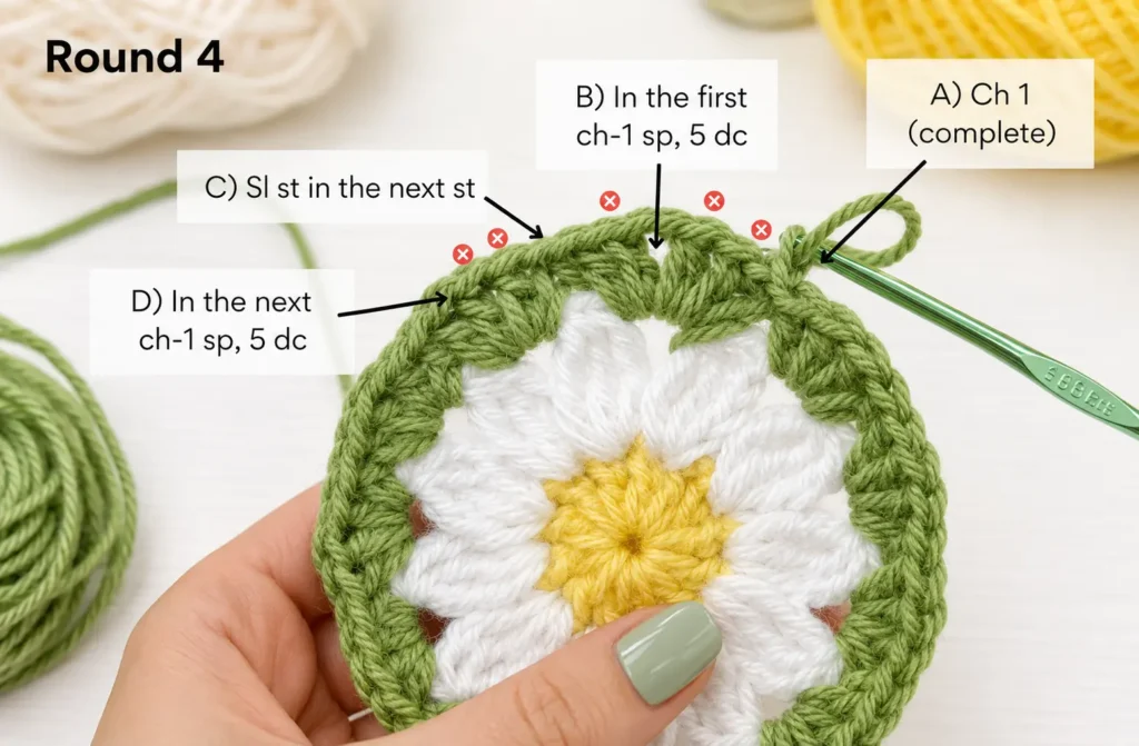 Round 4 of daisy crochet coaster pattern showing green border stitches worked into ch-1 spaces around the petals