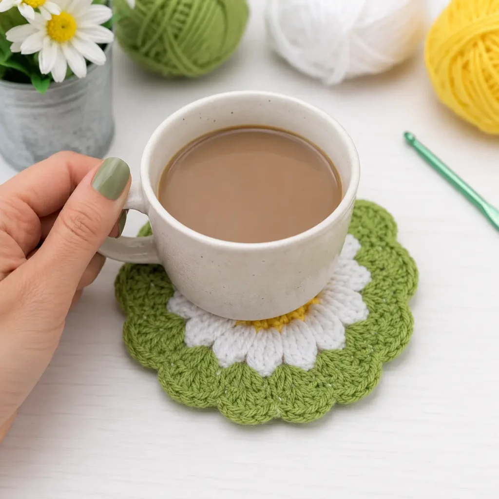Finished daisy crochet coaster pattern free with yellow center, white petals, and scalloped green border with a coffee