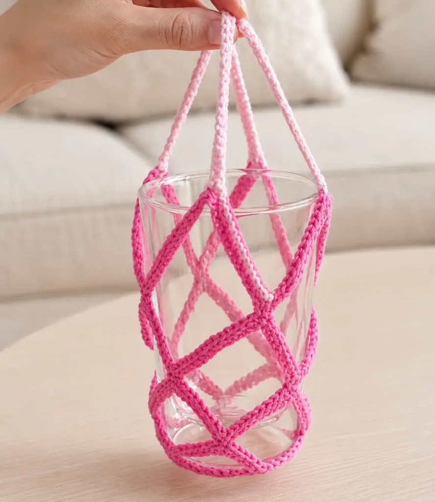 Finished crochet rose mesh cup holder pattern in pink yarn holding a clear glass, showing the diamond mesh formed by pulling the petal loops up around the cup