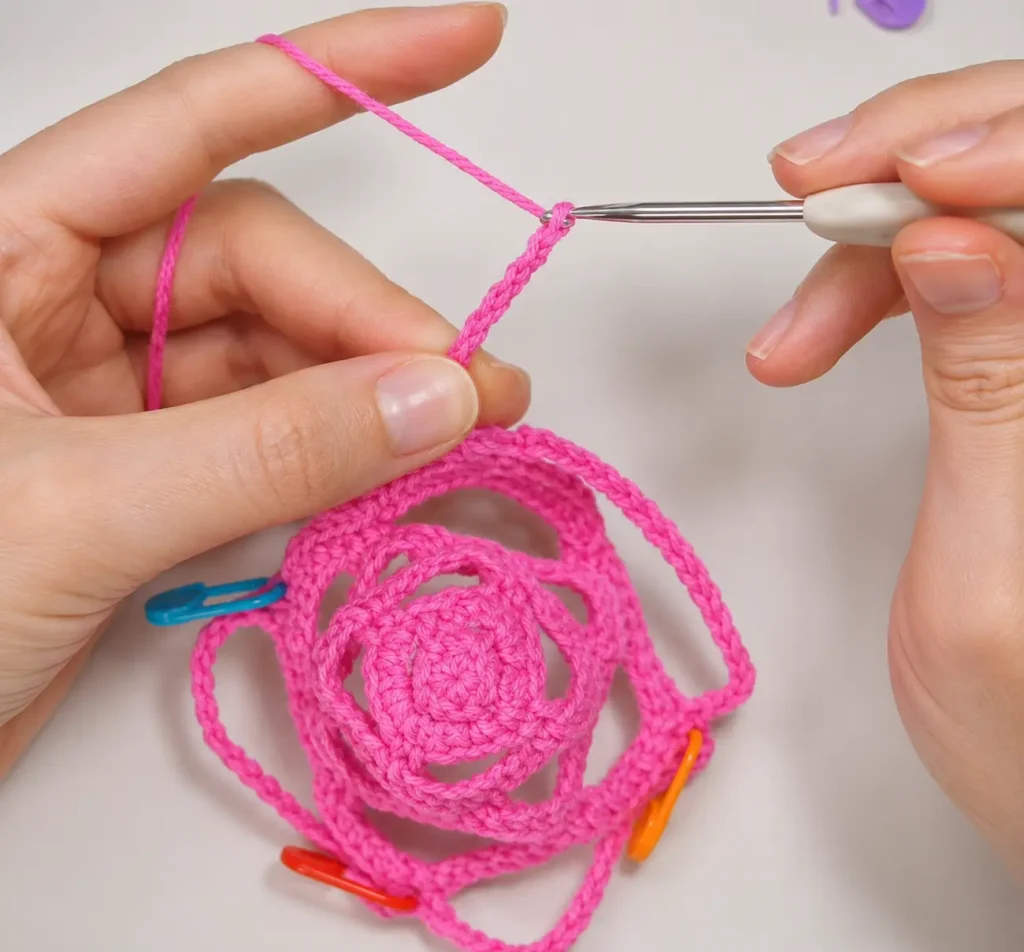 Crochet rose mesh cup holder pattern in progress with stitch markers holding the petal loops in place during the spiral rounds
