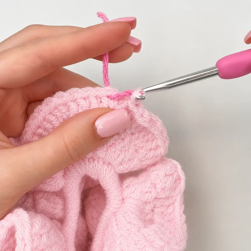 Crochet scrunchie color change — joining new yarn color for the optional two-tone border round