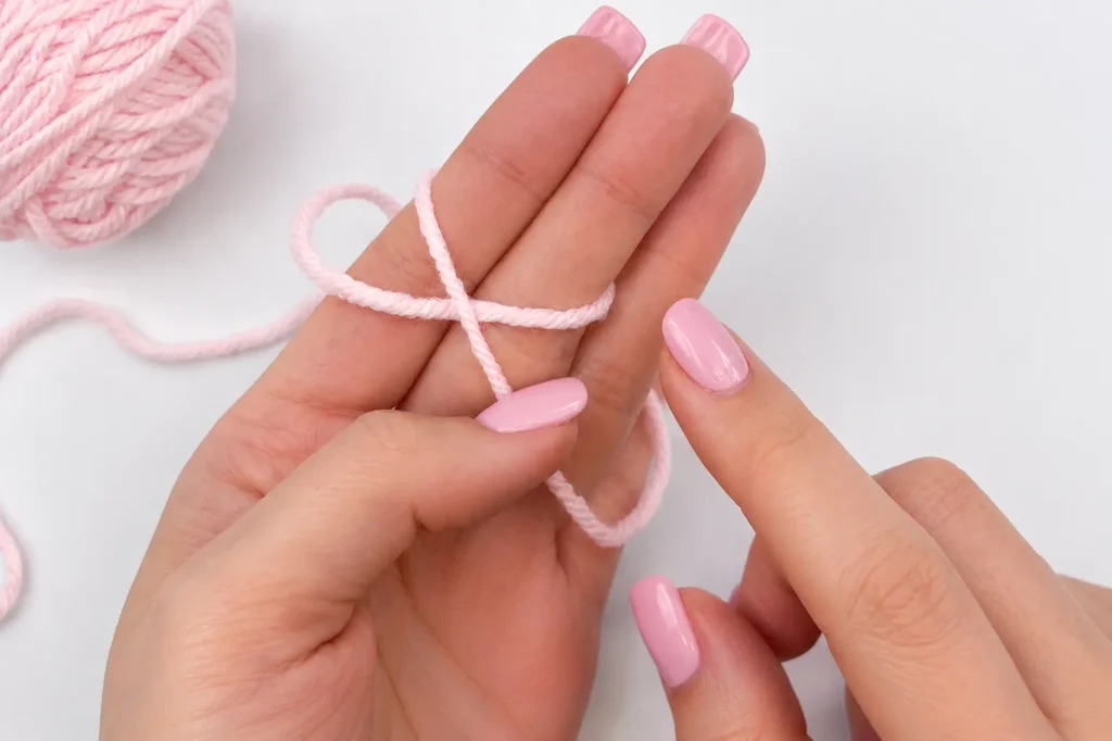 Crochet scrunchie slip knot — first step wrapping yarn around fingers before starting the pattern