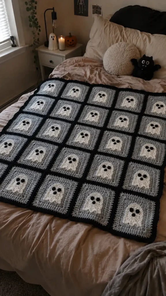 Ghost Halloween Granny Square Blanket - a perfect decoration for halloween