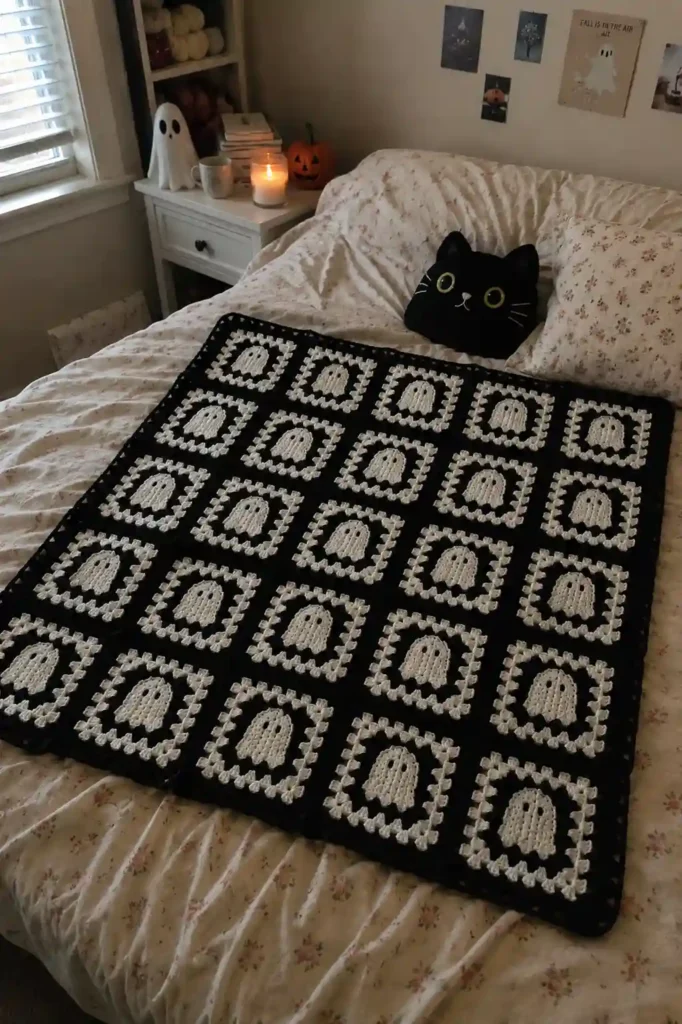 Easy Ghost Halloween Granny Square pattern blanket