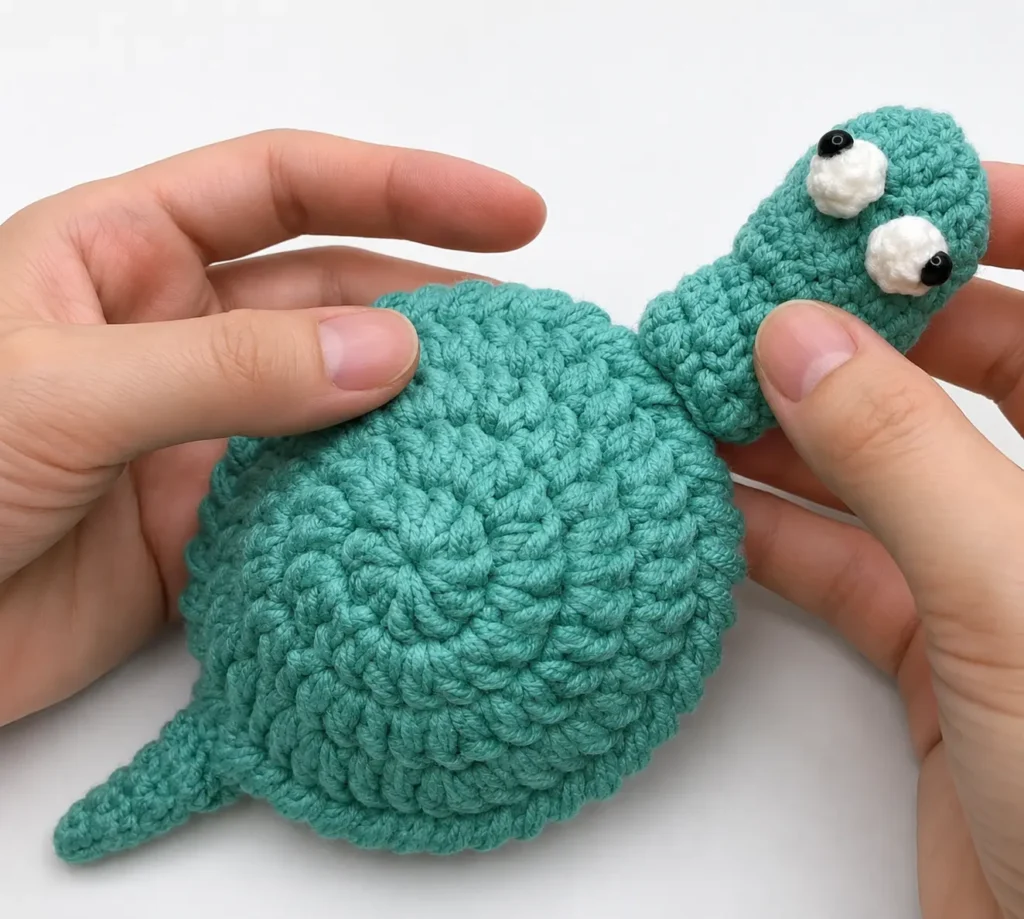 Crochet lizard coaster before legs — head, tail, and eyes already sewn onto the flat body, ready for the final assembly step