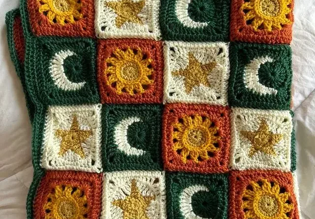 Sun, Moon and Stars Granny Square blanket finished